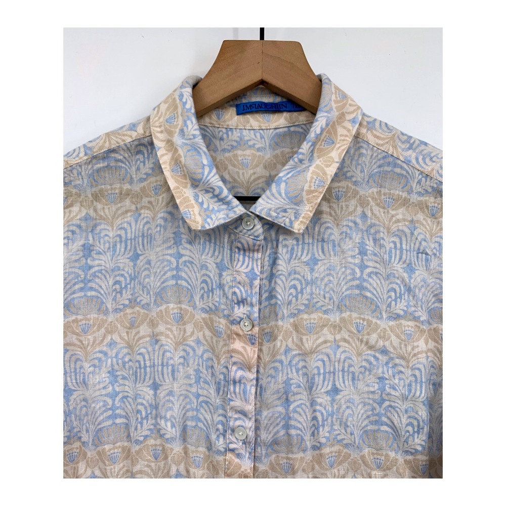 J McLaughlin Shirt Womens XL Blue Tan Floral 100% Linen Button Down Long Sleeve